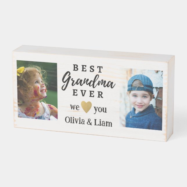 Best Grandma Ever Grandchildren 2 Photo Collage Wooden Box Sign (Angled Horizontal)