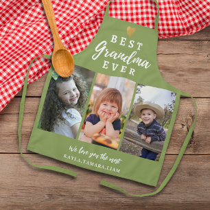 Best Grandma Ever Grandkids 3 Photo Collage Green Apron
