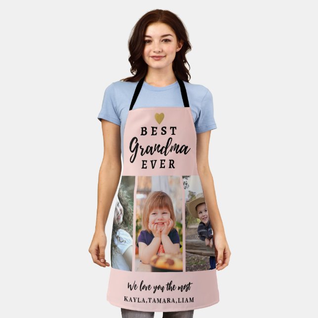  Best Grandma Ever Grandkids 3 Photo Collage Pink Apron (Worn)