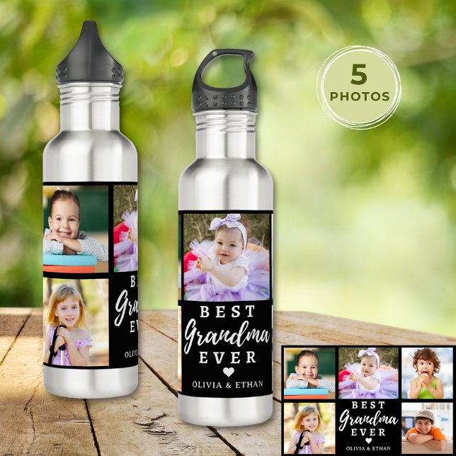 Best Grandma Ever Grandkids 5 Photo Collage Black  Stainless Steel Water Bottle (Best Grandma Ever Grandkids 5 Photo Collage Black Stainless Steel Water Bottle
)