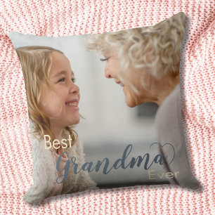 Best Grandma Ever Grey Script Heart Photo Throw Pillow