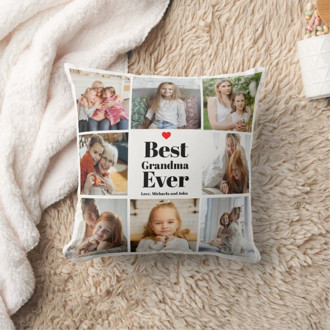 Best Grandma Ever Heart 8 Photo Collage Throw Pillow (Blanket)