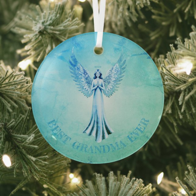 Best Grandma Ever | Marble Effect Angel Teal Glass Ornament (Insitu)