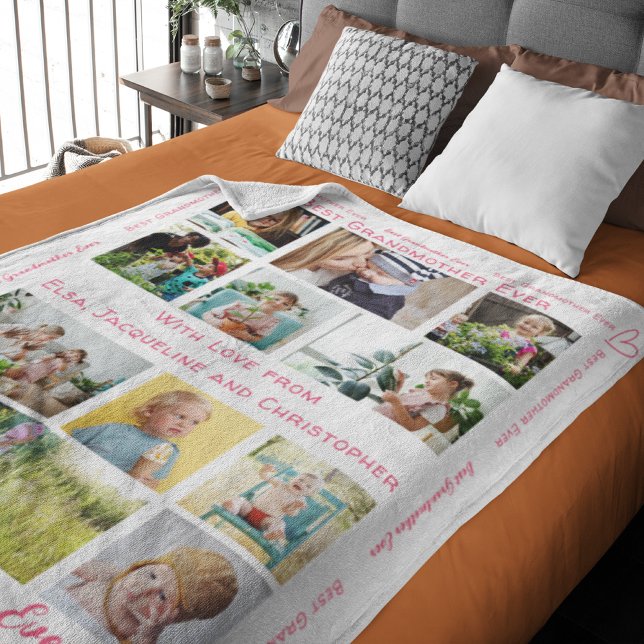 Best Grandma Ever Modern Custom 12 Photo Collage Fleece Blanket (Custom blanket for grandmother for your favorite photos and text.)