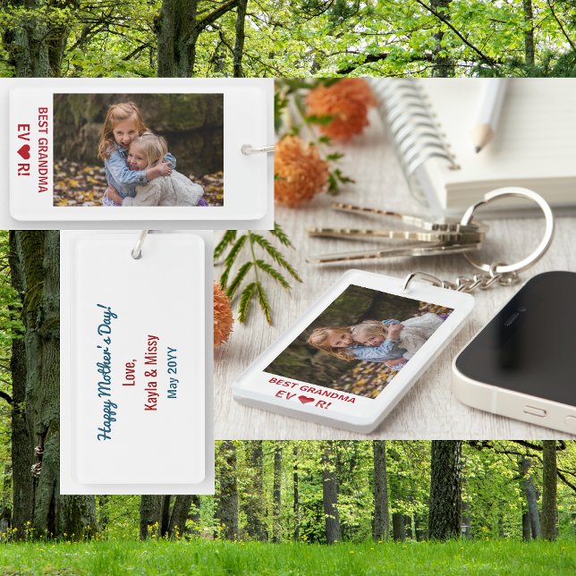 Best Grandma Ever Mother's Day Photo Keepsake Keychain (Best Grandma Ever. Heart. Personalized photo keychain. Elegant, modern, minimalist Mother's Day gift)