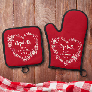Best Grandma Ever Personalized Red Oven Mitt & Pot Holder Set