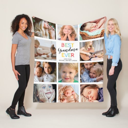 Best Grandma Ever Photo Collage Fleece Blanket - Personalized grandmother blanket featuring 11 family photos, a cute colorful "best grandma ever" typography design, and the grandchildrens names.