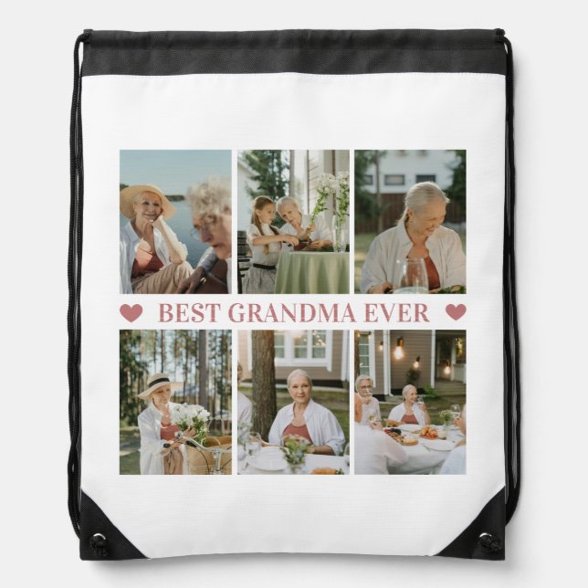 Best Grandma Ever Photo Collage – Gift with Hearts Drawstring Bag (Front)