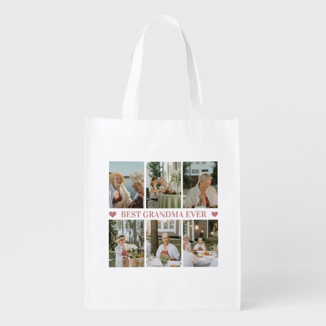 Best Grandma Ever Photo Collage – Gift with Hearts Grocery Bag (Front)