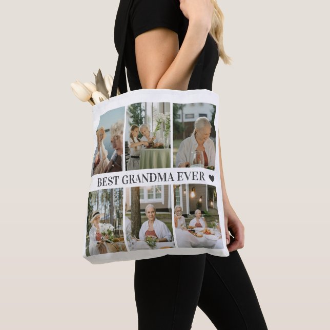 Best Grandma Ever Photo Collage – Gift with Hearts Tote Bag (Close Up)