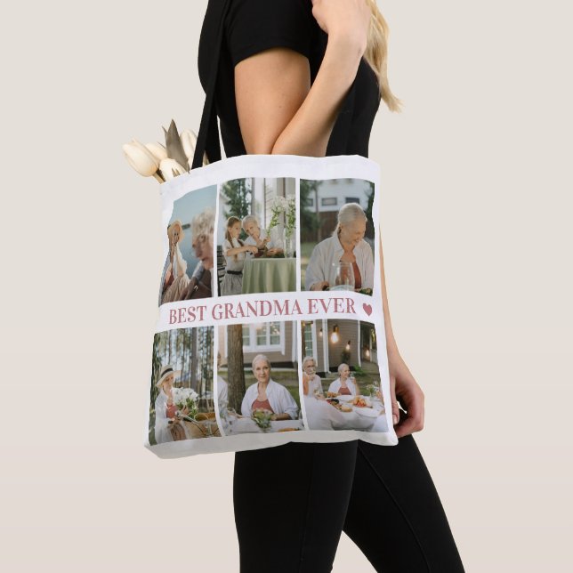 Best Grandma Ever Photo Collage – Gift with Hearts Tote Bag (Close Up)