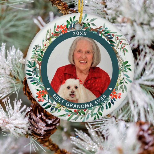 Best Grandma Ever Photo Elegant Christmas Floral   Ceramic Ornament