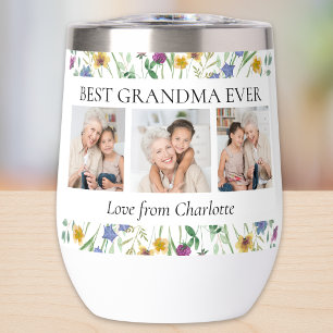 Best Grandma Ever Photo Floral Thermal Wine Tumbler