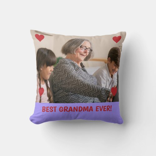 Best Grandma Ever Photo Hearts Mothers Day Bday Throw Pillow