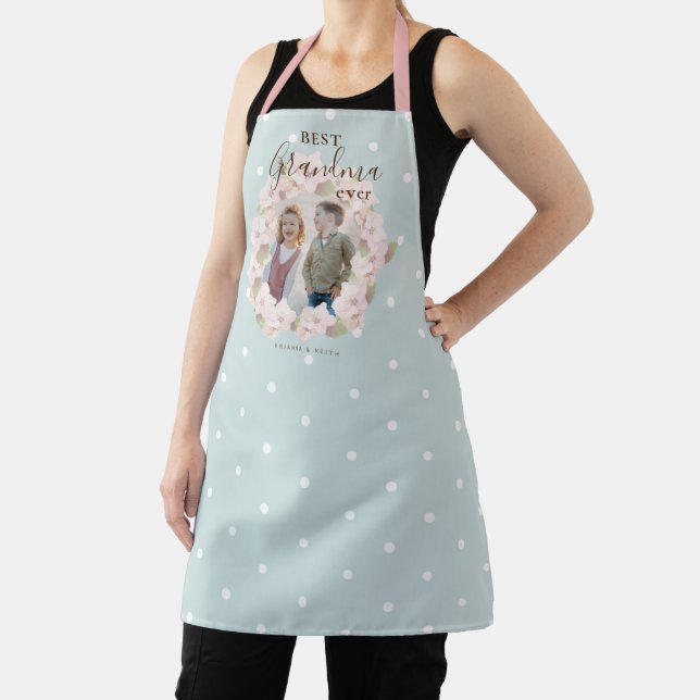 Best Grandma Ever Photo Pink Floral Wreath Blue Apron (Insitu)