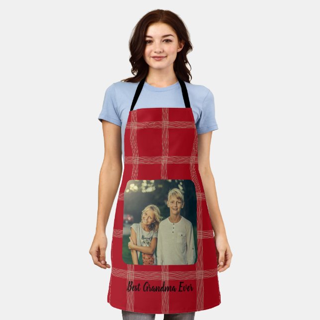 Best Grandma Ever Red Squares Custom Photo Apron (Worn)