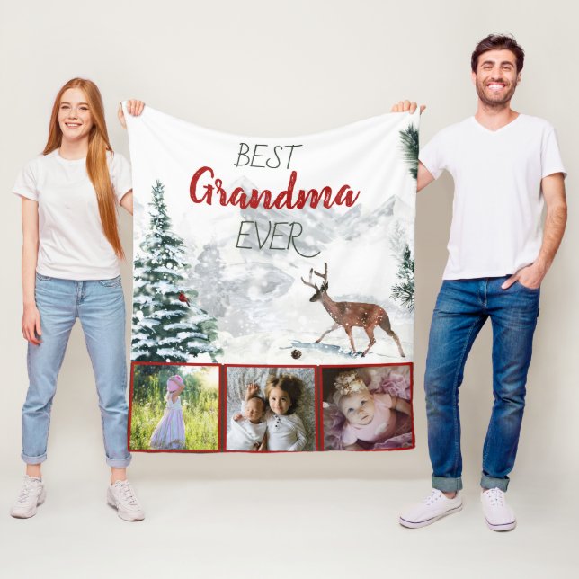 Best Grandma Ever Rustic Deer Winter Scene Photo Fleece Blanket (In Situ)