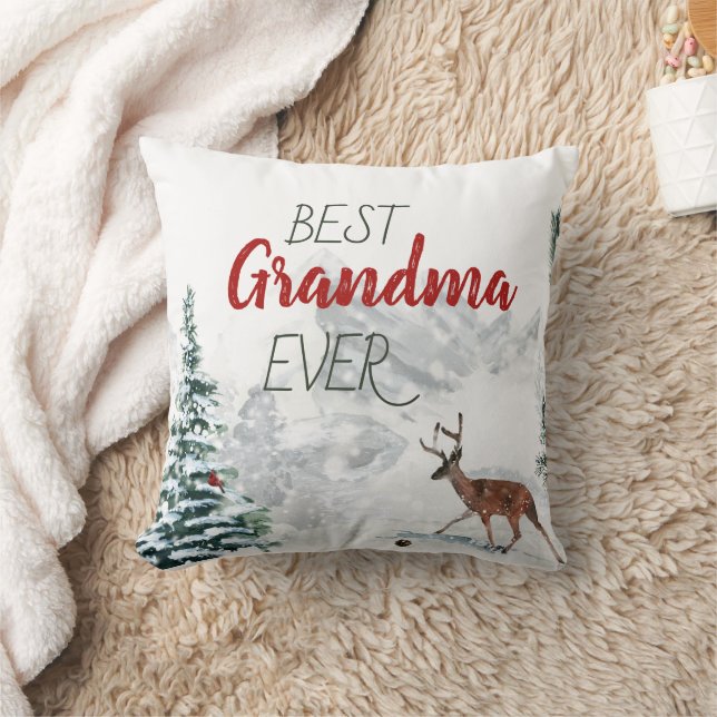 Best Grandma Ever Rustic Deer Winter Scene Photo Throw Pillow (Blanket)