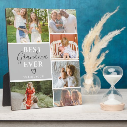 Best grandma ever script gray 6 photo collage grid plaque