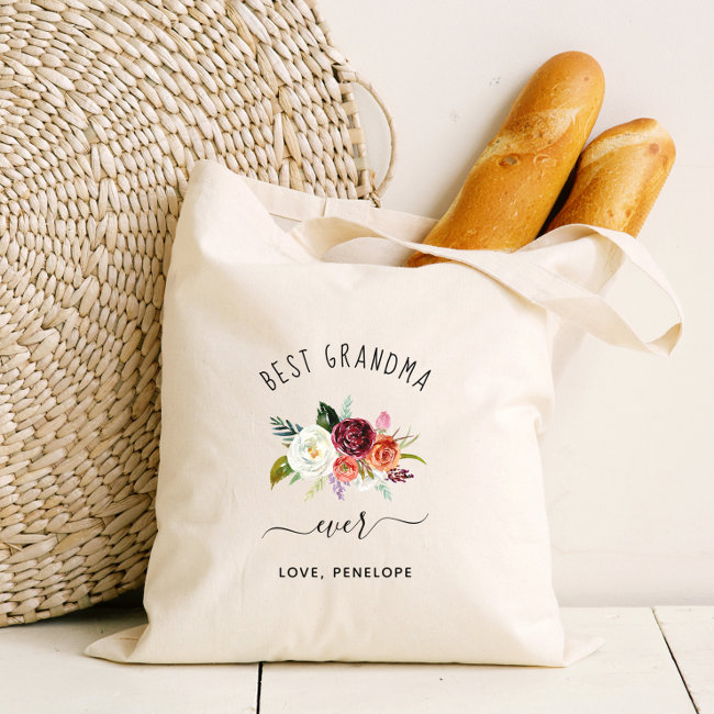 Best Grandma Ever | Trendy Burgundy Boho Floral Tote Bag