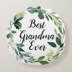 Best Grandma Ever Watercolor Foliage Wreath Photo Round Pillow