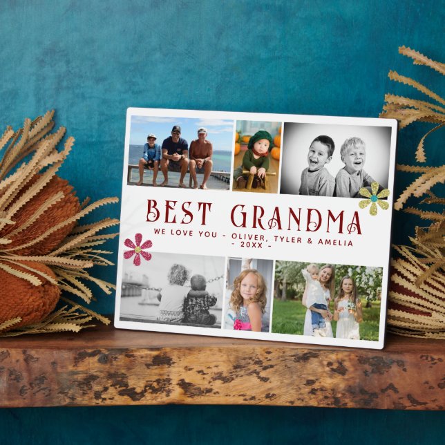 Best Grandma Flower 6 Photo Collage Keepsake  Plaque (Side)