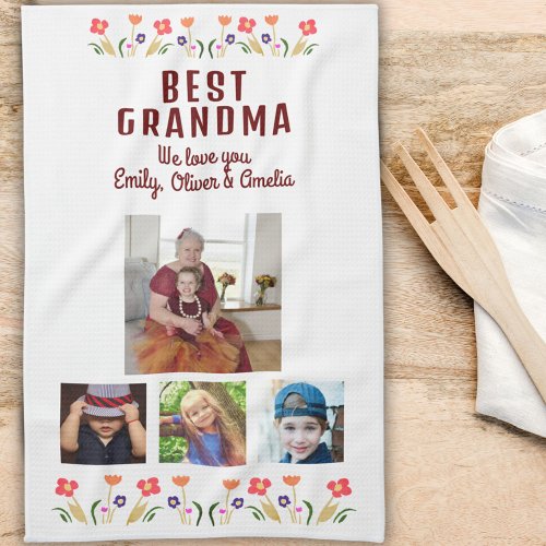 Best Grandma Flowers 4 Photo Collage Keepsake  Kitchen Towel