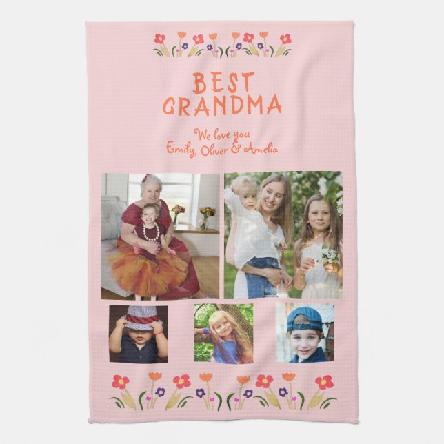 Best Grandma Flowers 5 Photo Collage Keepsake  Kitchen Towel (Vertical)