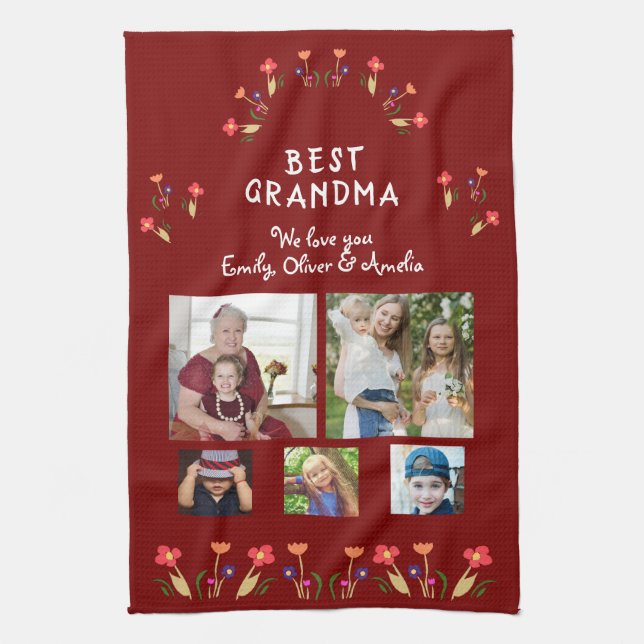 Best Grandma Flowers 5 Photo Collage Keepsake  Kitchen Towel (Vertical)