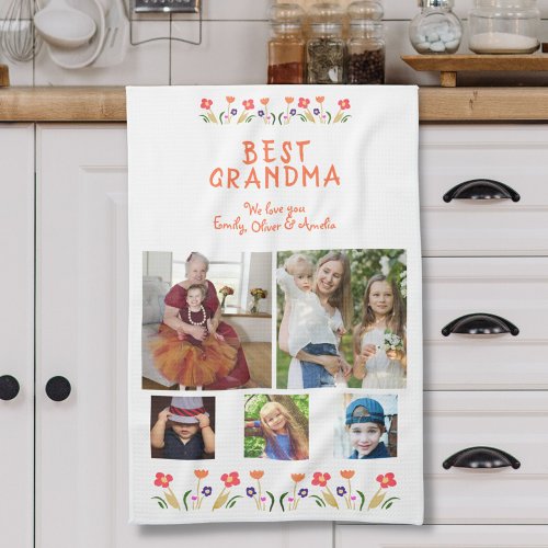 Best Grandma Flowers 5 Photo Collage Keepsake  Kitchen Towel