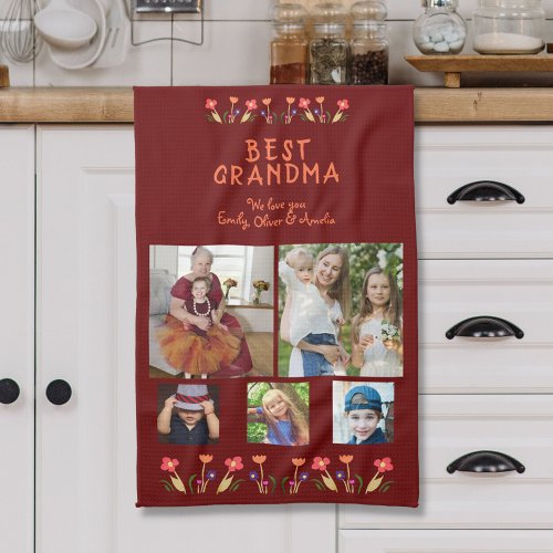 Best Grandma Flowers 5 Photo Collage Keepsake  Kitchen Towel