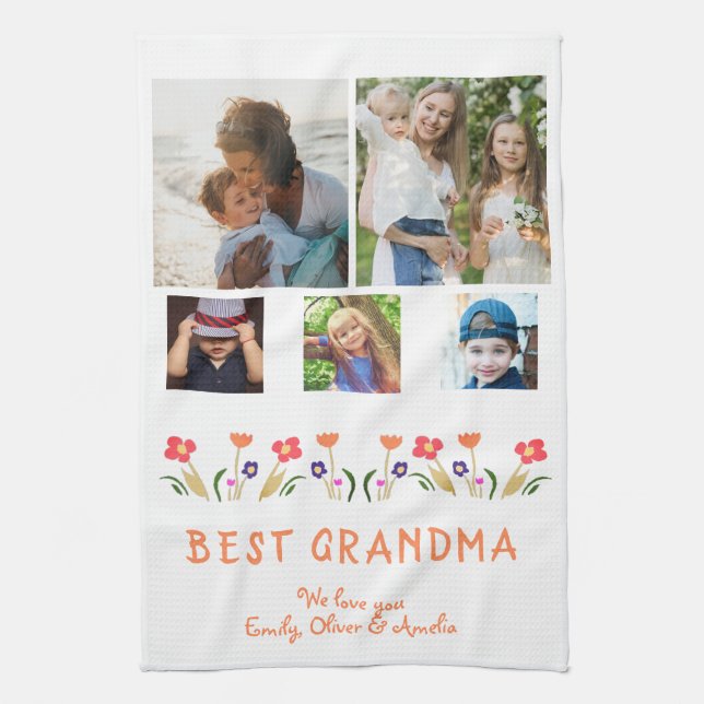 Best Grandma Flowers 5 Photo Collage Keepsake Kitchen Towel (Vertical)