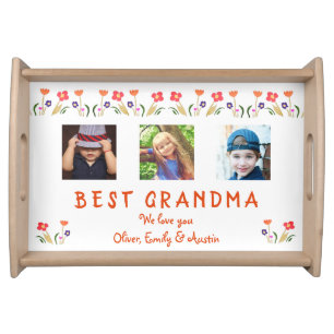 Best Grandma Flowers Floral 3 Photo Serving Tray