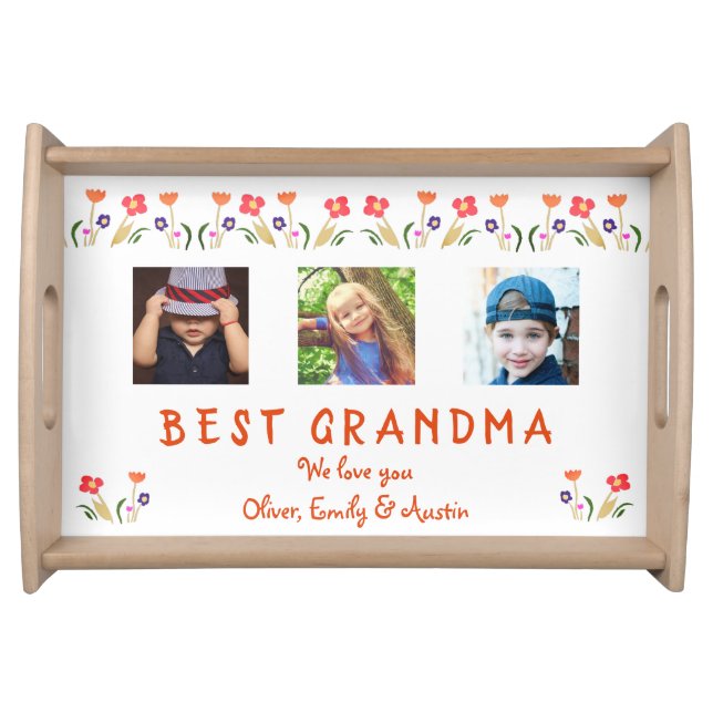 Best Grandma Flowers Floral 3 Photo Serving Tray (Front)
