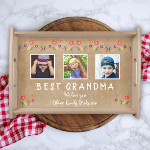 Best Grandma Flowers Floral Rustic Beige 3 Photo Serving Tray