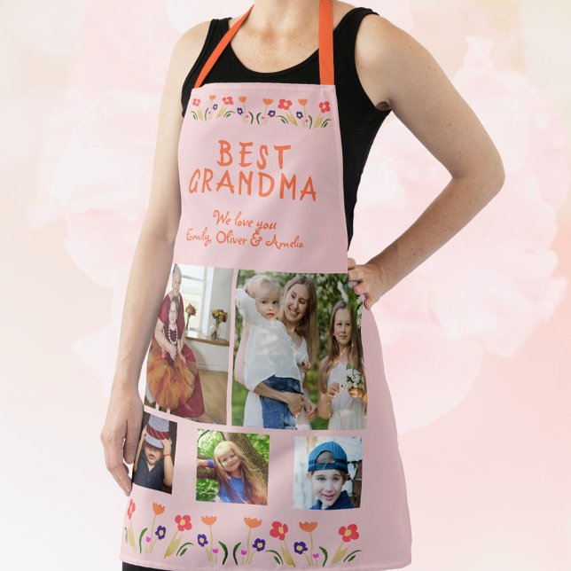 Best Grandma Flowers Pink 5 Photo Collage Keepsake Apron (Creator Uploaded)