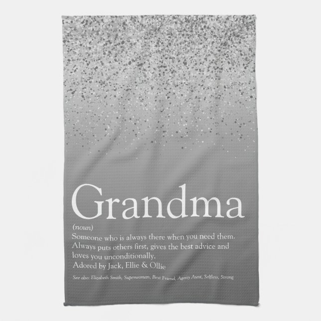 Best Grandma Grandmother Definition Silver Glitter Kitchen Towel (Vertical)