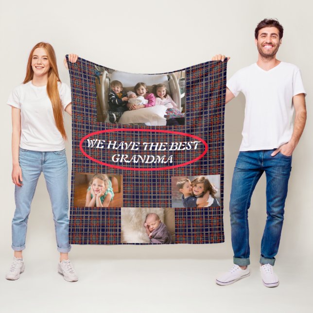 Best Grandma in Tartan Plaid 4 photos White Font Fleece Blanket (In Situ)