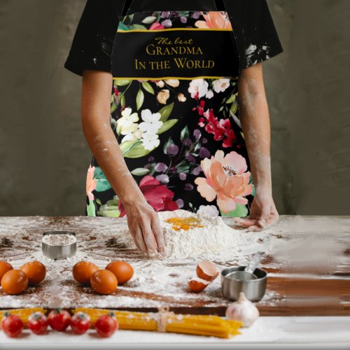 Best Grandma In the World  Elegant Black Floral Apron