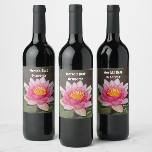 Best Grandma In The World Pink Water Lily Flower Wine Label