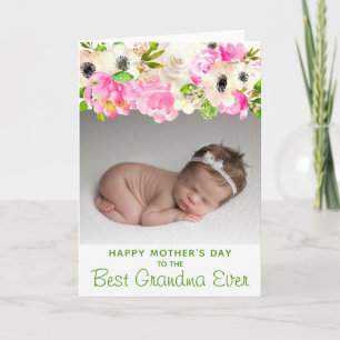 Best Grandma  Mother's Day  Floral Photo Green Card