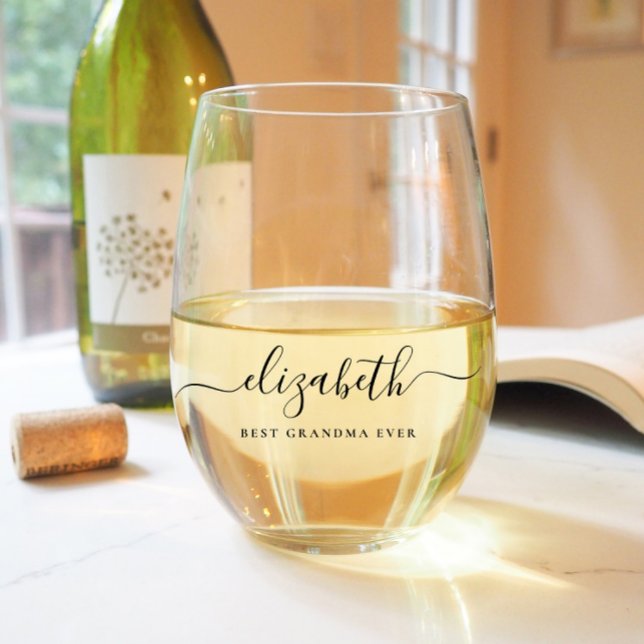 Best Grandma Script Monogram Stemless Wine Glass (Creator Uploaded)