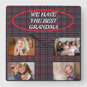 Best Grandma Tartan Plain 4 Family Photos Square Wall Clock