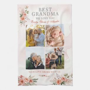 Best Grandma We Love You Photo Collage Floral Kitchen Towel