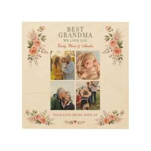 Best Grandma We Love You Photo Collage Floral Wood Wall Art