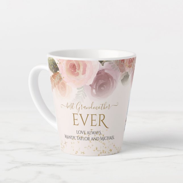 Best Grandmother Ever Blush Floral Gold Star Photo Latte Mug (Left Angle)
