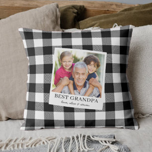 Best Grandpa Black and White Plaid Photo Throw Pillow