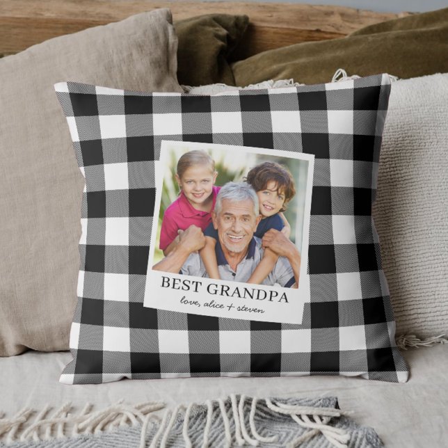 Best Grandpa Black and White Plaid Photo Throw Pillow (Creator Uploaded)