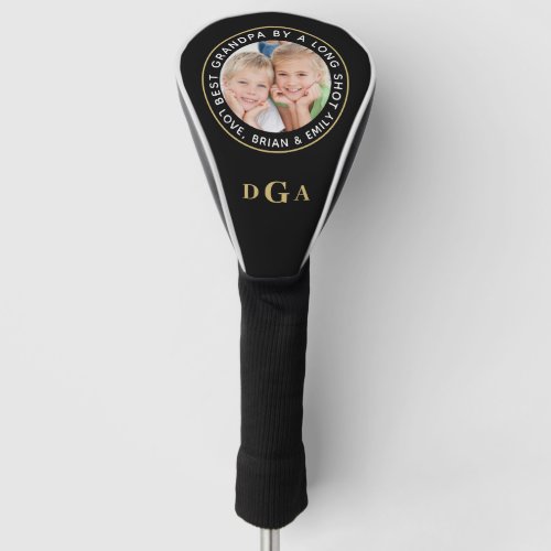 BEST GRANDPA BY A LONG SHOT Photo Monogram Golf Head Cover - For the golfer grandfather, create a personalized photo golf head cover with the suggested editable title BEST GRANDPA BY A LONG SHOT, your photo, your custom text beneath the photo and his monogram initials in editable black and gold. PHOTO TIP:  For fastest/best results, choose a photo with the subject in the middle and/or pre-crop it to a square shape BEFORE uploading. CHANGES:  Change the background color or text font style, color, size and placement by clicking on CUSTOMIZE FURTHER under the PERSONALIZE section. Contact the designer via Zazzle Chat or makeitaboutyoustore@gmail.com if you'd like this design modified or on another product.