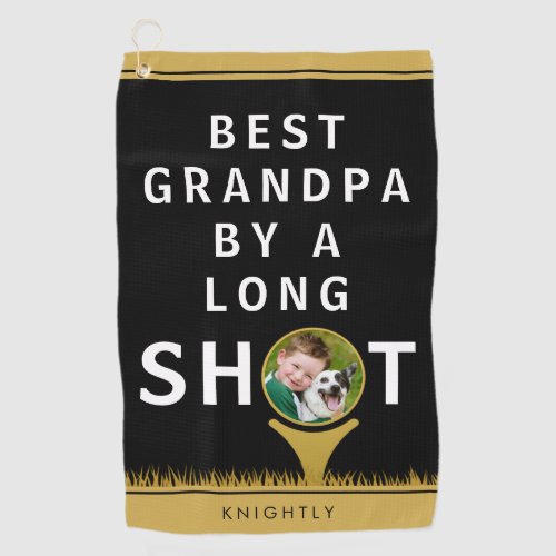 BEST GRANDPA BY A LONG SHOT Photo Personalized Golf Towel - Personalized golf towel for the golfer grandfather with the funny saying BEST GRANDPA BY A LONG SHOT and your photo in the golf ball on the golf tee. Great gift for a grandfather's birthday, Grandparent's Day or Father's Day. CHANGES:  You can change the black background or stripe colors or the text font style, size, color or placement of the text at the bottom by clicking on CUSTOMIZE FURTHER under the PERSONALIZE section. Contact the designer via Zazzle Chat or makeitaboutyoustore@gmail.com if you'd like this design modified or on another product.